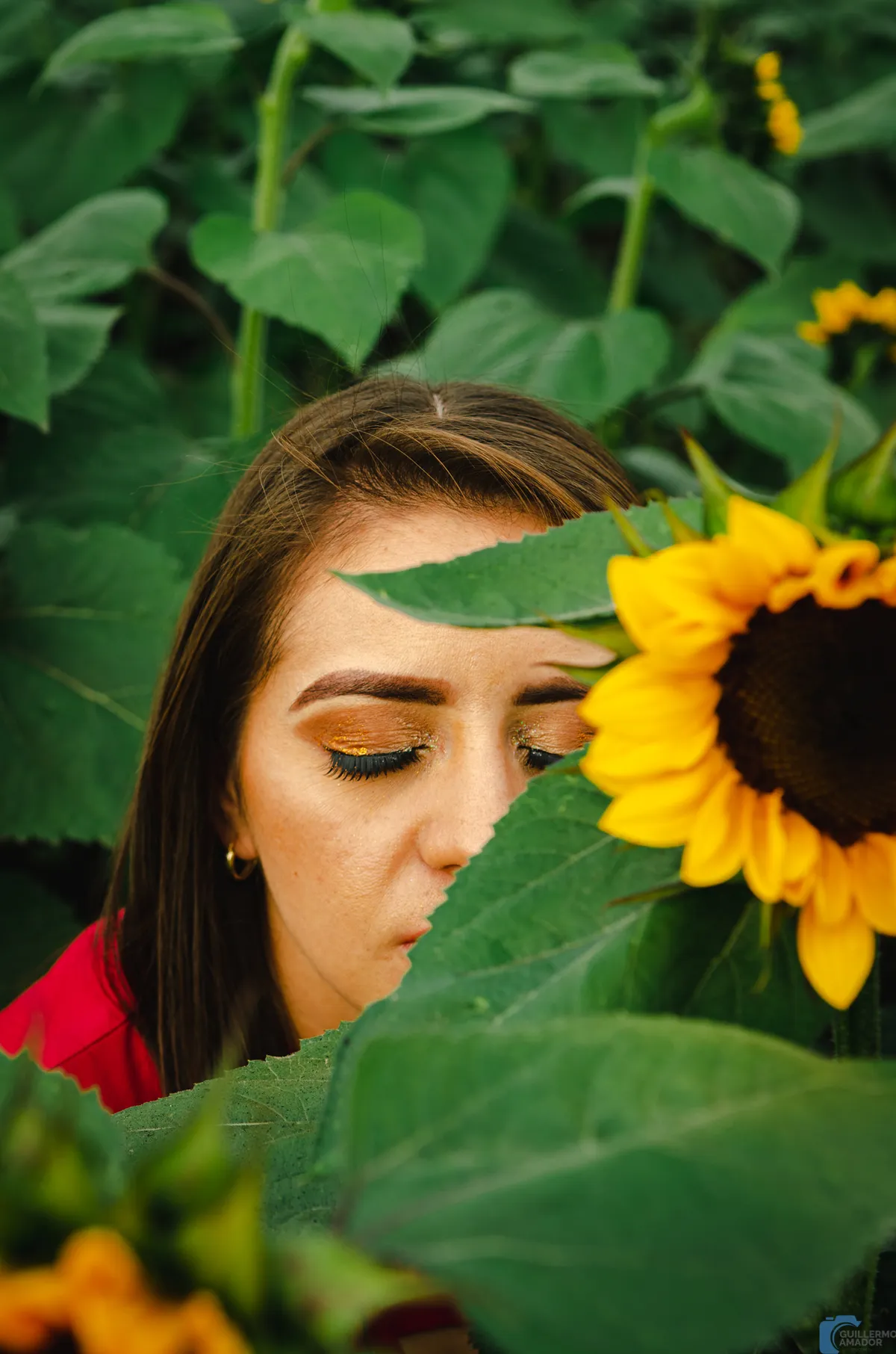 Mujer con los ojos cerrados y maquillaje dorado, parcialmente oculta entre hojas verdes y un girasol.
